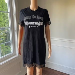 Rock Band Lace Details T Shirt Dress in Black